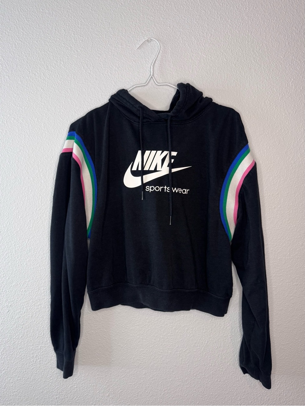Nike Black Hoodie with Rainbow Sleeve Stripes - Women